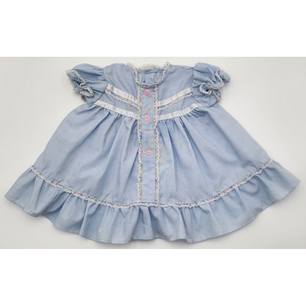 Vintage Baby Girl Blue‎ Dress Ruffle Pastel Lace Trimmed Floral Cottagecore 9M